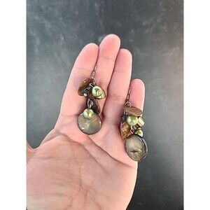 Green And Tan Beaded Shell Dangling Earrings Vintage Costume Jewelry